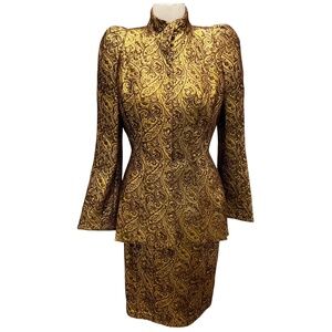 THIERRY MUGLER GOLD / BROWN METALLIC JACQUARD JACKET AND SKIRT SUIT SET